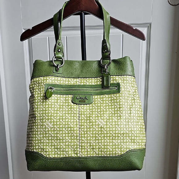 Coach 2008 Penelope Op Art North South Leather Canvas tote Green Yellow Interior - Picture 1 of 11